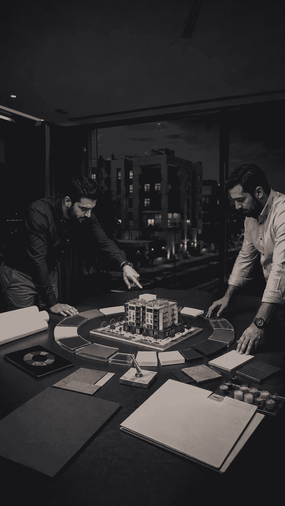 مدير مشروع ومختص تكاليف يراجعان نموذجًا عقاريًا ومخططات وعينات مواد ضمن تصور مترابط لتكاليف الاستحواذ والتطوير والتجهيز والتشغيل مدير مشروع ومختص تكاليف يراجعان نموذجًا عقاريًا ومخططات وعينات مواد ضمن تصور مترابط لتكاليف الاستحواذ والتطوير والتجهيز والتشغيل