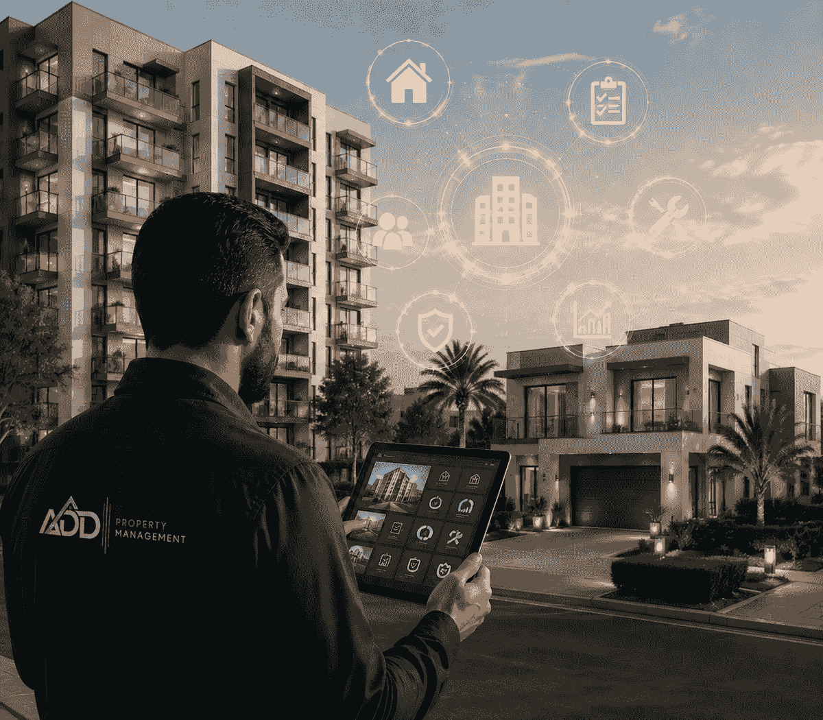 مشهد واقعي احترافي لإدارة الممتلكات السكنية، يظهر موظف إدارة عقارات يتابع مبنى سكنيًا وفللًا حديثة باستخدام جهاز لوحي مع واجهة رقمية ذكية توضح المتابعة والتشغيل والصيانة، ضمن أسلوب مؤسسي يعكس إدارة الشقق والفلل والعمارات السكنية. مشهد واقعي احترافي لإدارة الممتلكات السكنية، يظهر موظف إدارة عقارات يتابع مبنى سكنيًا وفللًا حديثة باستخدام جهاز لوحي مع واجهة رقمية ذكية توضح المتابعة والتشغيل والصيانة، ضمن أسلوب مؤسسي يعكس إدارة الشقق والفلل والعمارات السكنية.