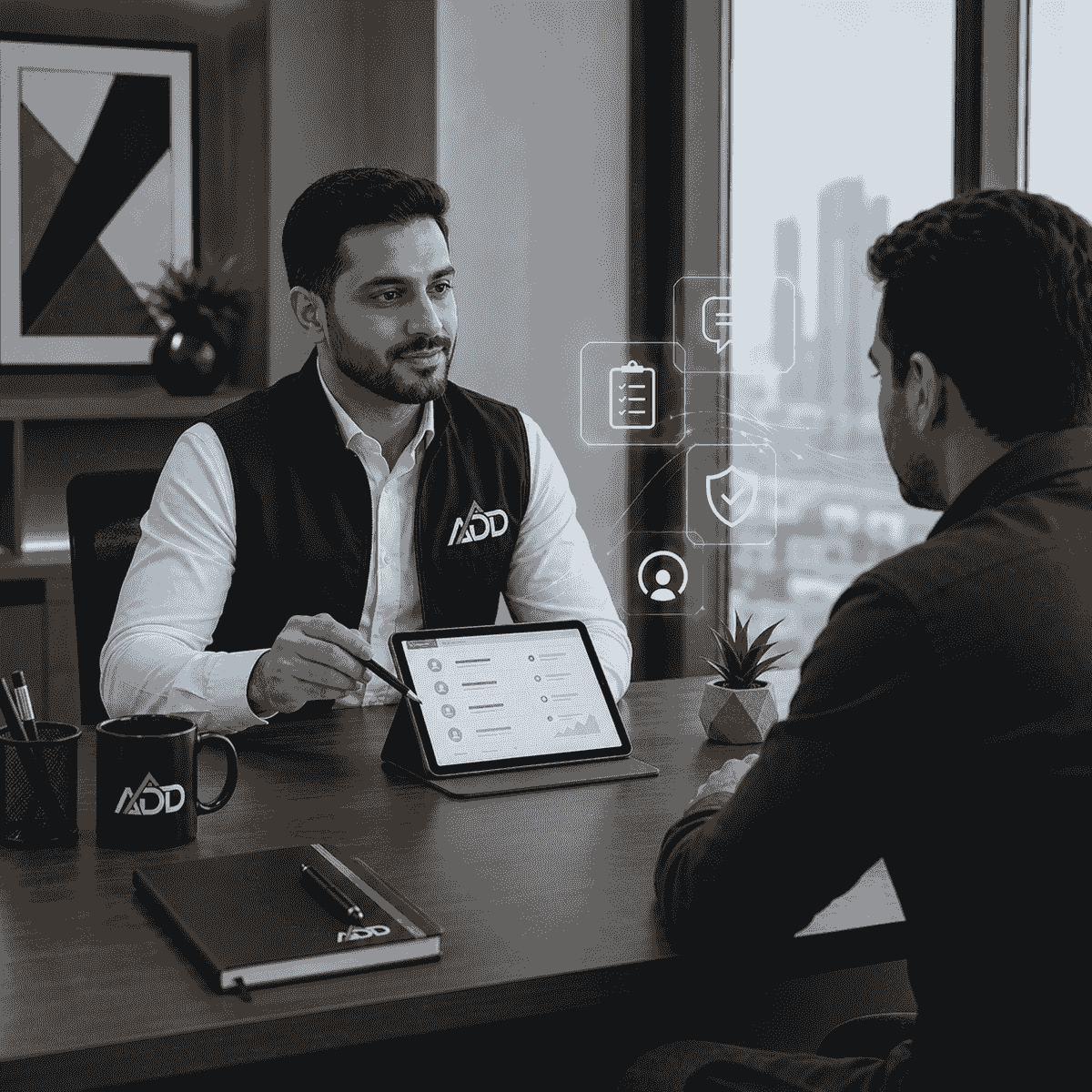 مشهد واقعي احترافي يعكس تجربة خدمة راقية في إدارة الممتلكات، يظهر موظف من ADD Property Management داخل مكتب حديث يتواصل مع مالك عقار بطريقة مهنية هادئة، مع استخدام لوغو الشركة على الملابس والأدوات، وعناصر رقمية خفيفة توحي بتنظيم التواصل وإدارة الطلبات والمتابعة، ضمن ألوان الهوية المؤسسية الأسود والسماوي والأبيض. مشهد واقعي احترافي يعكس تجربة خدمة راقية في إدارة الممتلكات، يظهر موظف من ADD Property Management داخل مكتب حديث يتواصل مع مالك عقار بطريقة مهنية هادئة، مع استخدام لوغو الشركة على الملابس والأدوات، وعناصر رقمية خفيفة توحي بتنظيم التواصل وإدارة الطلبات والمتابعة، ضمن ألوان الهوية المؤسسية الأسود والسماوي والأبيض.