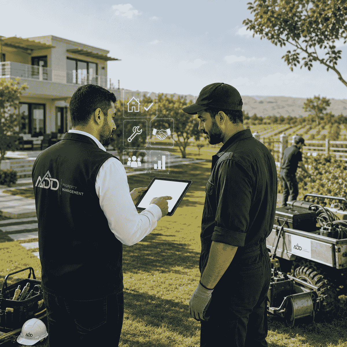 مشهد واقعي احترافي لإدارة الشاليهات والمزارع العقارية، يظهر فريق تشغيل من ADD Property Management يتابع جاهزية الأصل وأعمال الصيانة والموردين في موقع ريفي حديث، مع استخدام أدوات المتابعة الرقمية وعناصر توحي بالتشغيل المنظم وإدارة الخدمات حسب طبيعة العقار. مشهد واقعي احترافي لإدارة الشاليهات والمزارع العقارية، يظهر فريق تشغيل من ADD Property Management يتابع جاهزية الأصل وأعمال الصيانة والموردين في موقع ريفي حديث، مع استخدام أدوات المتابعة الرقمية وعناصر توحي بالتشغيل المنظم وإدارة الخدمات حسب طبيعة العقار.