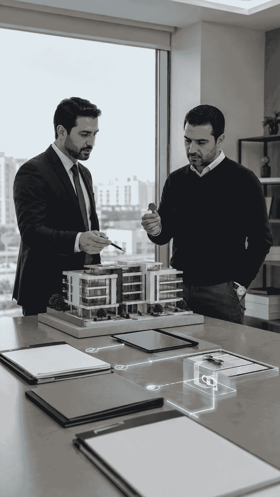 مالك عقار ومدير ممتلكات يراجعان مستندات الأصل وصلاحيات التنفيذ مع بقاء الاعتماد النهائي لبعض القرارات بيد المالك مالك عقار ومدير ممتلكات يراجعان مستندات الأصل وصلاحيات التنفيذ مع بقاء الاعتماد النهائي لبعض القرارات بيد المالك