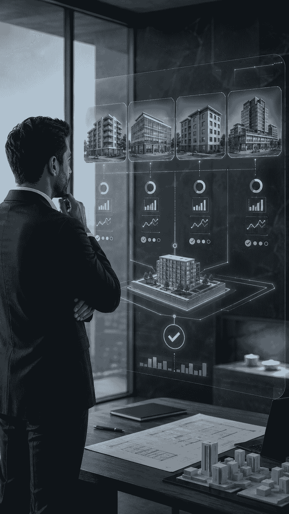 مشهد احترافي طولي لمتخصص عقاري يدرس بدائل استخدام أصل عقاري عبر نماذج رقمية لمشروعات سكنية وتجارية ومتعددة الاستخدامات، مع مؤشرات مقارنة للتكاليف والطلب والسوق قبل اعتماد التصور التطويري، باستخدام درجات السماوي والأسود والرمادي المستوحاة من هوية الإضافة لإدارة الممتلكات. مشهد احترافي طولي لمتخصص عقاري يدرس بدائل استخدام أصل عقاري عبر نماذج رقمية لمشروعات سكنية وتجارية ومتعددة الاستخدامات، مع مؤشرات مقارنة للتكاليف والطلب والسوق قبل اعتماد التصور التطويري، باستخدام درجات السماوي والأسود والرمادي المستوحاة من هوية الإضافة لإدارة الممتلكات.