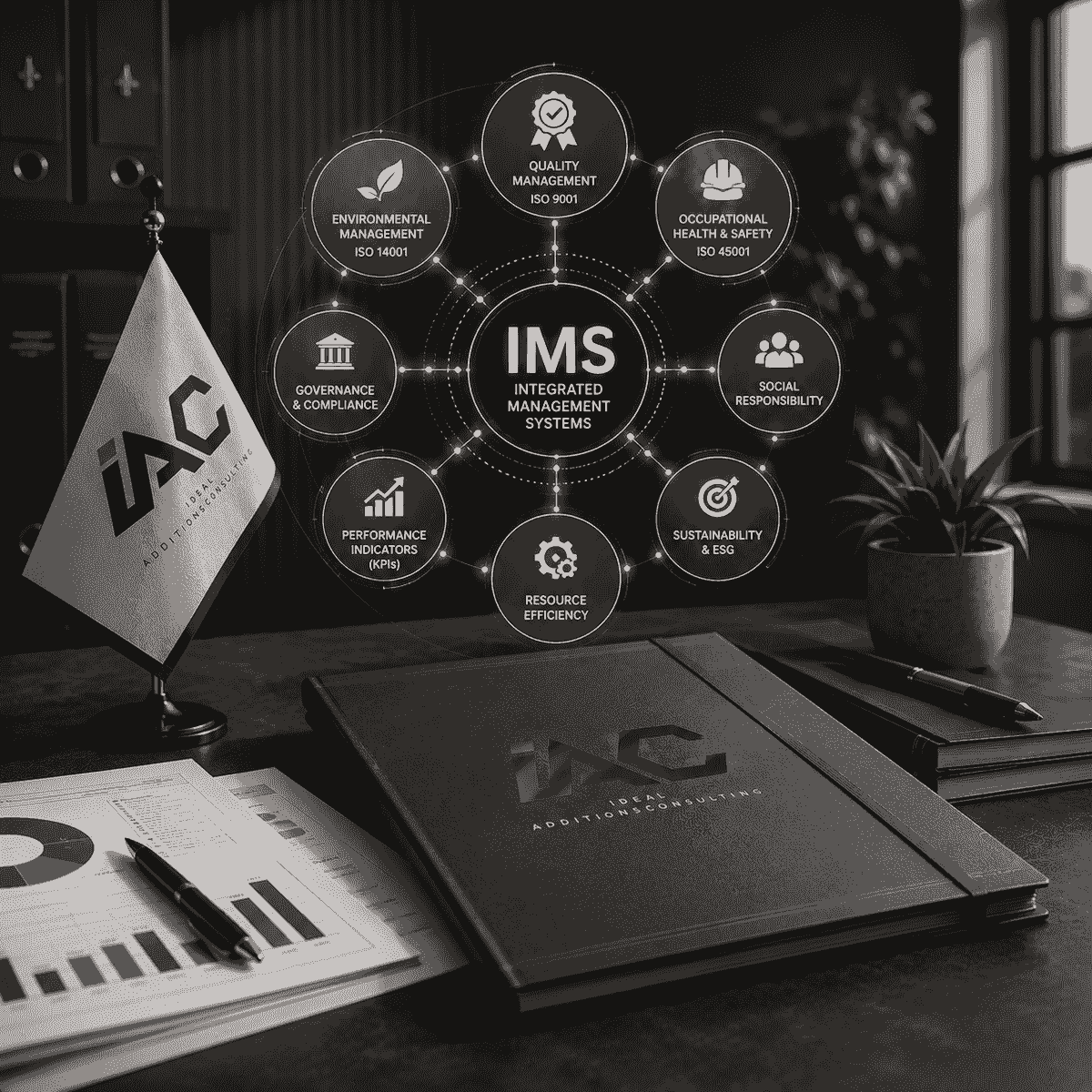 مكتب عمل يعرض نموذج الأنظمة الإدارية المتكاملة IMS وربط الجودة والسلامة والبيئة والاستدامة. مكتب عمل يعرض نموذج الأنظمة الإدارية المتكاملة IMS وربط الجودة والسلامة والبيئة والاستدامة.
