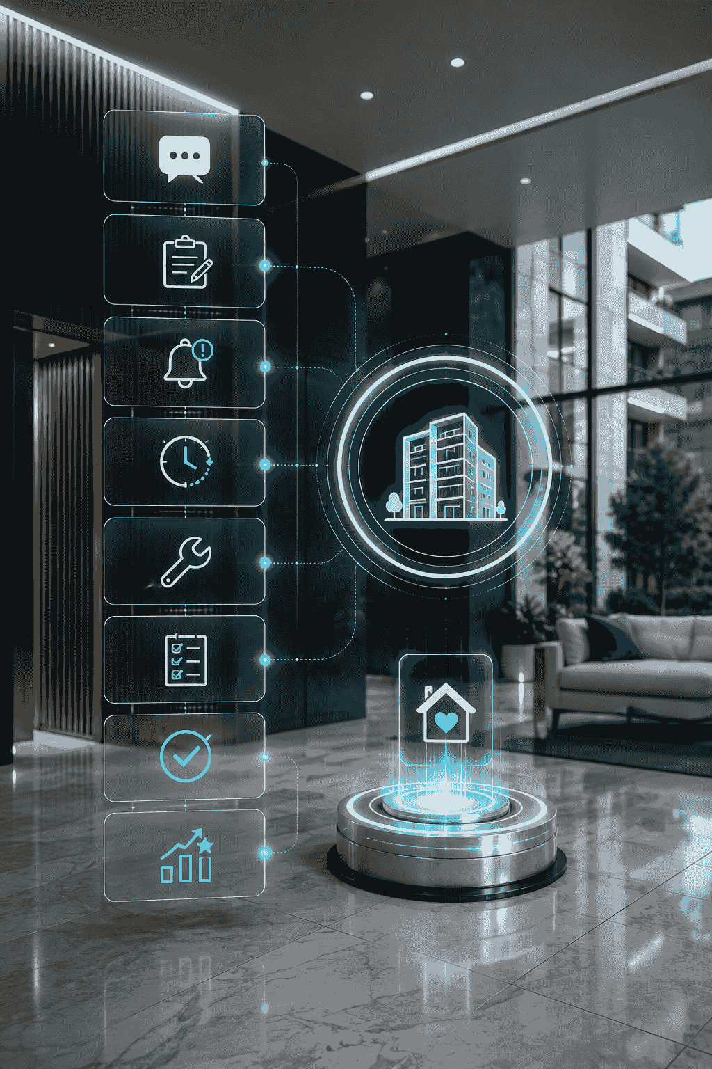 تصميم طولي يعبر عن تجربة المستأجر في إدارة الممتلكات، ويجسد متابعة طلبات المستأجرين والشكاوى وحالة الاستجابة والإغلاق وتحسين الخدمة داخل عقار ذكي بواجهة رقمية حديثة، باستخدام ألوان الهوية الأزرق والأسود. تصميم طولي يعبر عن تجربة المستأجر في إدارة الممتلكات، ويجسد متابعة طلبات المستأجرين والشكاوى وحالة الاستجابة والإغلاق وتحسين الخدمة داخل عقار ذكي بواجهة رقمية حديثة، باستخدام ألوان الهوية الأزرق والأسود.