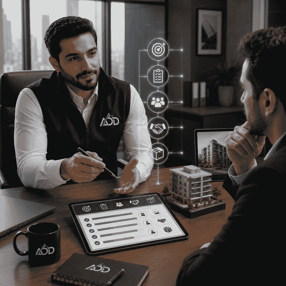 مشهد واقعي احترافي يعكس مرحلة تحديد الأولويات ونطاق إدارة الممتلكات، يظهر فريق ADD Property Management في اجتماع عمل يراجع مخططات وتقارير عقارية مع واجهة رقمية ذكية توضح ترتيب المهام والمسؤوليات والمخرجات، مع استخدام لوغو الشركة على الملابس والأدوات وألوان الهوية المؤسسية الأسود والسماوي والأبيض. مشهد واقعي احترافي يعكس مرحلة تحديد الأولويات ونطاق إدارة الممتلكات، يظهر فريق ADD Property Management في اجتماع عمل يراجع مخططات وتقارير عقارية مع واجهة رقمية ذكية توضح ترتيب المهام والمسؤوليات والمخرجات، مع استخدام لوغو الشركة على الملابس والأدوات وألوان الهوية المؤسسية الأسود والسماوي والأبيض.