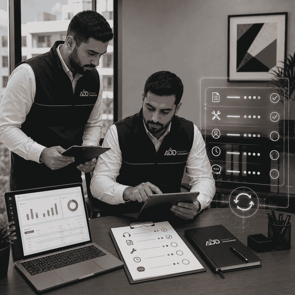 مشهد واقعي احترافي يعكس المتابعة الموثقة في إدارة الممتلكات، يظهر فريق ADD Property Management يراجع سجلات الأعمال والطلبات باستخدام أجهزة لوحية وشاشات متابعة رقمية، مع قوائم حالة ومؤشرات إنجاز توضح ما تم تنفيذه وما يزال قيد المتابعة، باستخدام لوغو الشركة على الملابس والأدوات وألوان الهوية المؤسسية الأسود والسماوي والأبيض. مشهد واقعي احترافي يعكس المتابعة الموثقة في إدارة الممتلكات، يظهر فريق ADD Property Management يراجع سجلات الأعمال والطلبات باستخدام أجهزة لوحية وشاشات متابعة رقمية، مع قوائم حالة ومؤشرات إنجاز توضح ما تم تنفيذه وما يزال قيد المتابعة، باستخدام لوغو الشركة على الملابس والأدوات وألوان الهوية المؤسسية الأسود والسماوي والأبيض.