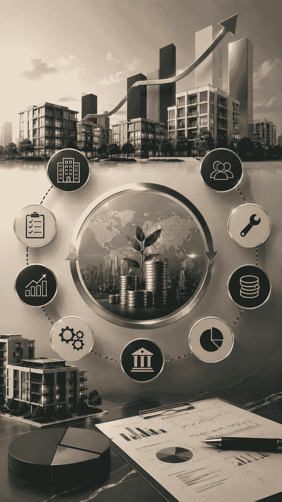 تصميم طولي احترافي يعبر عن استراتيجية الدخل العقاري من خلال مبانٍ استثمارية وعناصر مالية مترابطة توضح العلاقة بين الإشغال والتحصيل والإيرادات ومصروفات التشغيل والصيانة والمخصصات والاحتياطيات، باستخدام ألوان مستوحاة من هوية الإضافة لإدارة الممتلكات، وبدون كتابات أو شعارات داخل التصميم. تصميم طولي احترافي يعبر عن استراتيجية الدخل العقاري من خلال مبانٍ استثمارية وعناصر مالية مترابطة توضح العلاقة بين الإشغال والتحصيل والإيرادات ومصروفات التشغيل والصيانة والمخصصات والاحتياطيات، باستخدام ألوان مستوحاة من هوية الإضافة لإدارة الممتلكات، وبدون كتابات أو شعارات داخل التصميم.