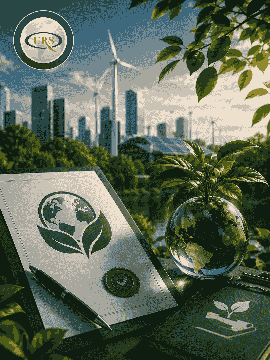 A corporate and industrial scene depicting the implementation of the ISO 14001 Environmental Management System, with visual elements suggesting environmental impact management, waste reduction, resource efficiency improvement, and sustainability within a structured environmental compliance framework. A corporate and industrial scene depicting the implementation of the ISO 14001 Environmental Management System, with visual elements suggesting environmental impact management, waste reduction, resource efficiency improvement, and sustainability within a structured environmental compliance framework.
