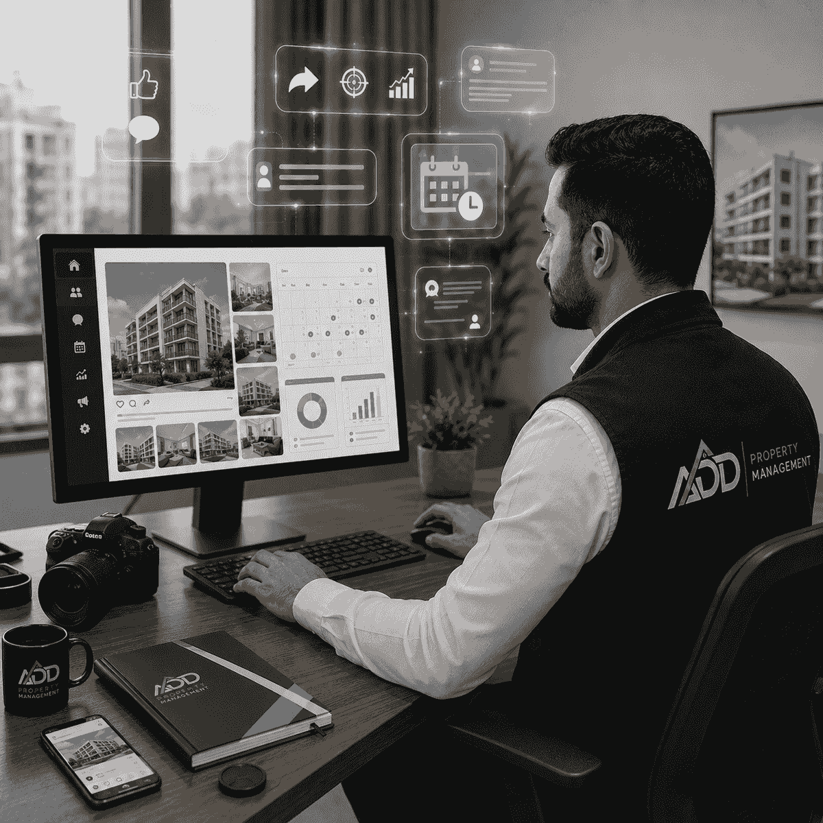 مشهد واقعي احترافي لموظف من شركة ADD Property Management يدير تسويق عقار من خلال جهاز كمبيوتر، مع واجهة رقمية ذكية تعرض صور العقار والاستفسارات وجدول الزيارات وحالة الإشغال ضمن نظام إدارة عقارية حديث. مشهد واقعي احترافي لموظف من شركة ADD Property Management يدير تسويق عقار من خلال جهاز كمبيوتر، مع واجهة رقمية ذكية تعرض صور العقار والاستفسارات وجدول الزيارات وحالة الإشغال ضمن نظام إدارة عقارية حديث.