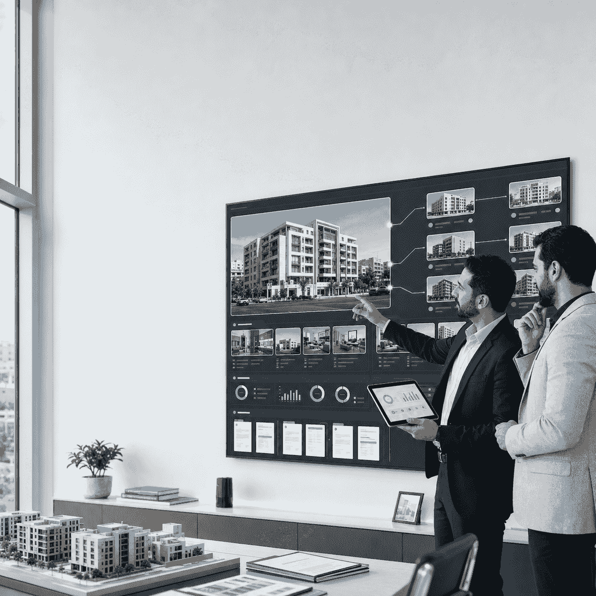 مدير ممتلكات يعرض على مستثمر لوحة ذكية لمتابعة أصل استثماري ومحفظة من العقارات والوحدات والتقارير التشغيلية مدير ممتلكات يعرض على مستثمر لوحة ذكية لمتابعة أصل استثماري ومحفظة من العقارات والوحدات والتقارير التشغيلية