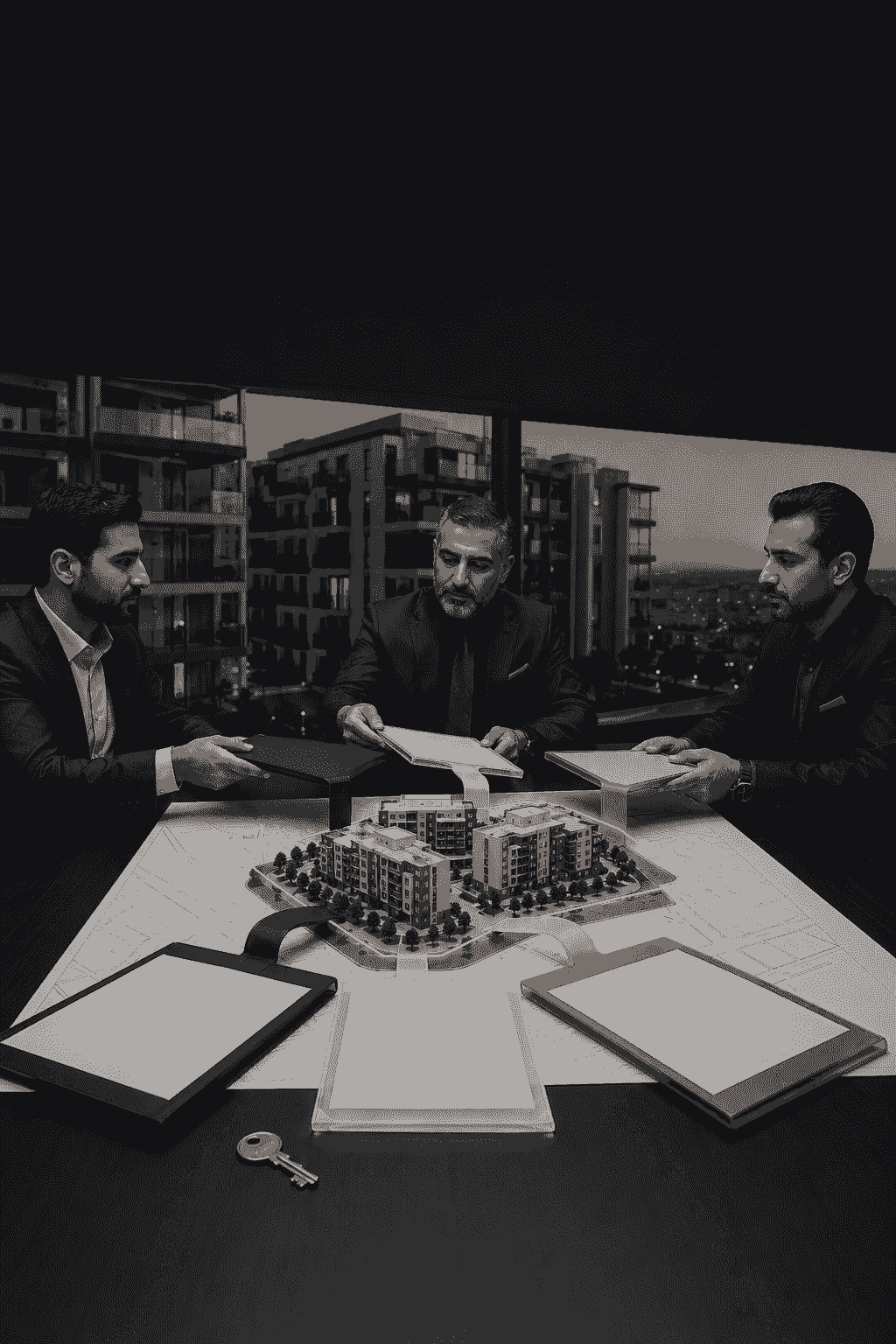 ممثل الأصل والمستثمر ومستشار المعاملات يراجعون وثائق الاستحواذ والملكية والحقوق والالتزامات حول نموذج مشروع عقاري محدد الحدود ممثل الأصل والمستثمر ومستشار المعاملات يراجعون وثائق الاستحواذ والملكية والحقوق والالتزامات حول نموذج مشروع عقاري محدد الحدود
