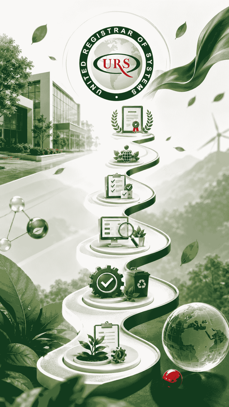 A professional scene reflecting the ISO 14001 certification pathway through URS Jordan, with visual elements suggesting the definition of the environmental management system scope, review of environmental aspects and impacts, audit planning, and evidence verification within an independent third-party framework. A professional scene reflecting the ISO 14001 certification pathway through URS Jordan, with visual elements suggesting the definition of the environmental management system scope, review of environmental aspects and impacts, audit planning, and evidence verification within an independent third-party framework.