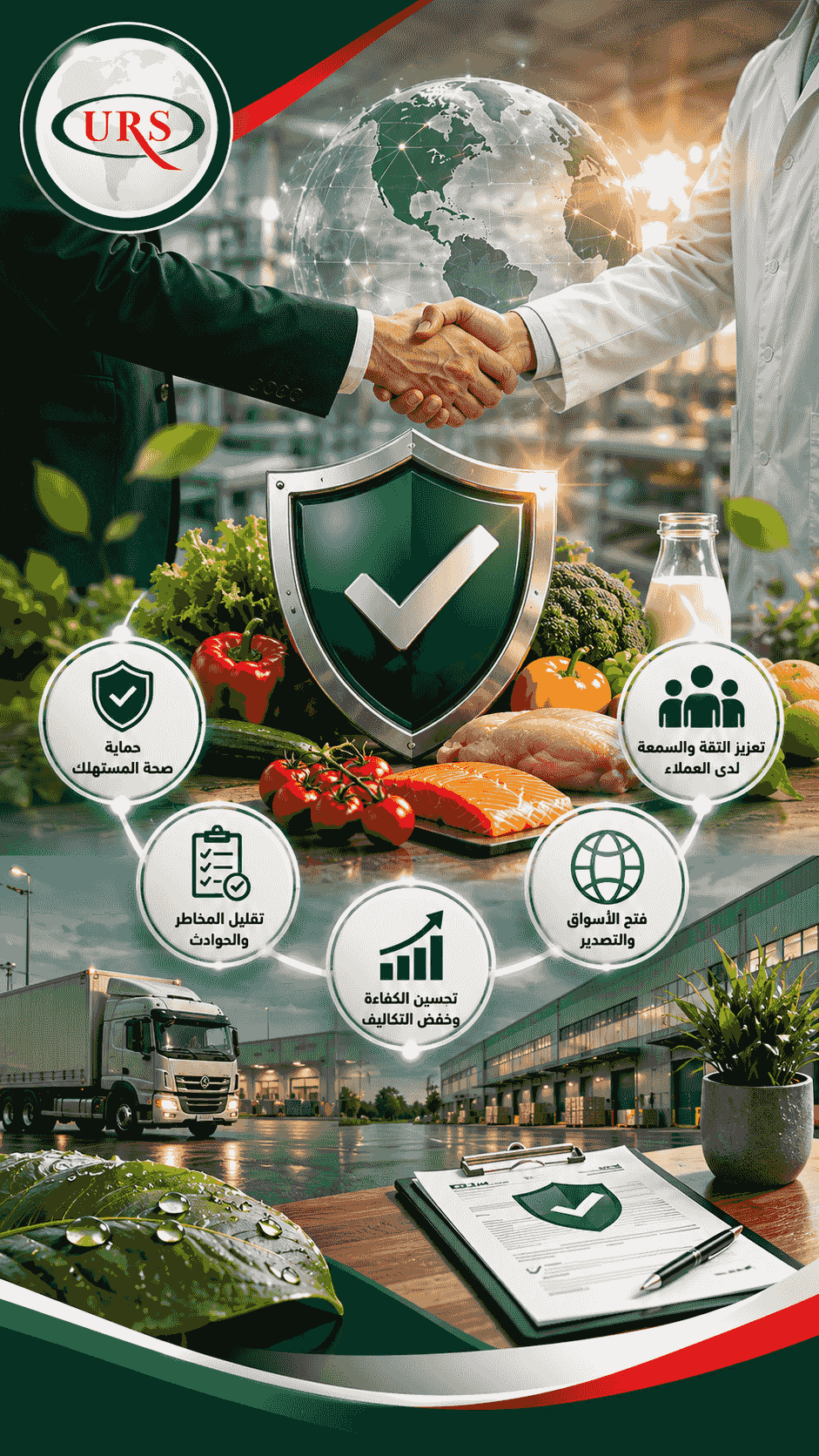 A professional scene reflecting the importance of ISO 22000, HACCP, and GHP food safety systems in qualifying for supply and export contracts, managing traceability, and complying with food regulations, with visual elements suggesting supply chains, international markets, and food product control. A professional scene reflecting the importance of ISO 22000, HACCP, and GHP food safety systems in qualifying for supply and export contracts, managing traceability, and complying with food regulations, with visual elements suggesting supply chains, international markets, and food product control.