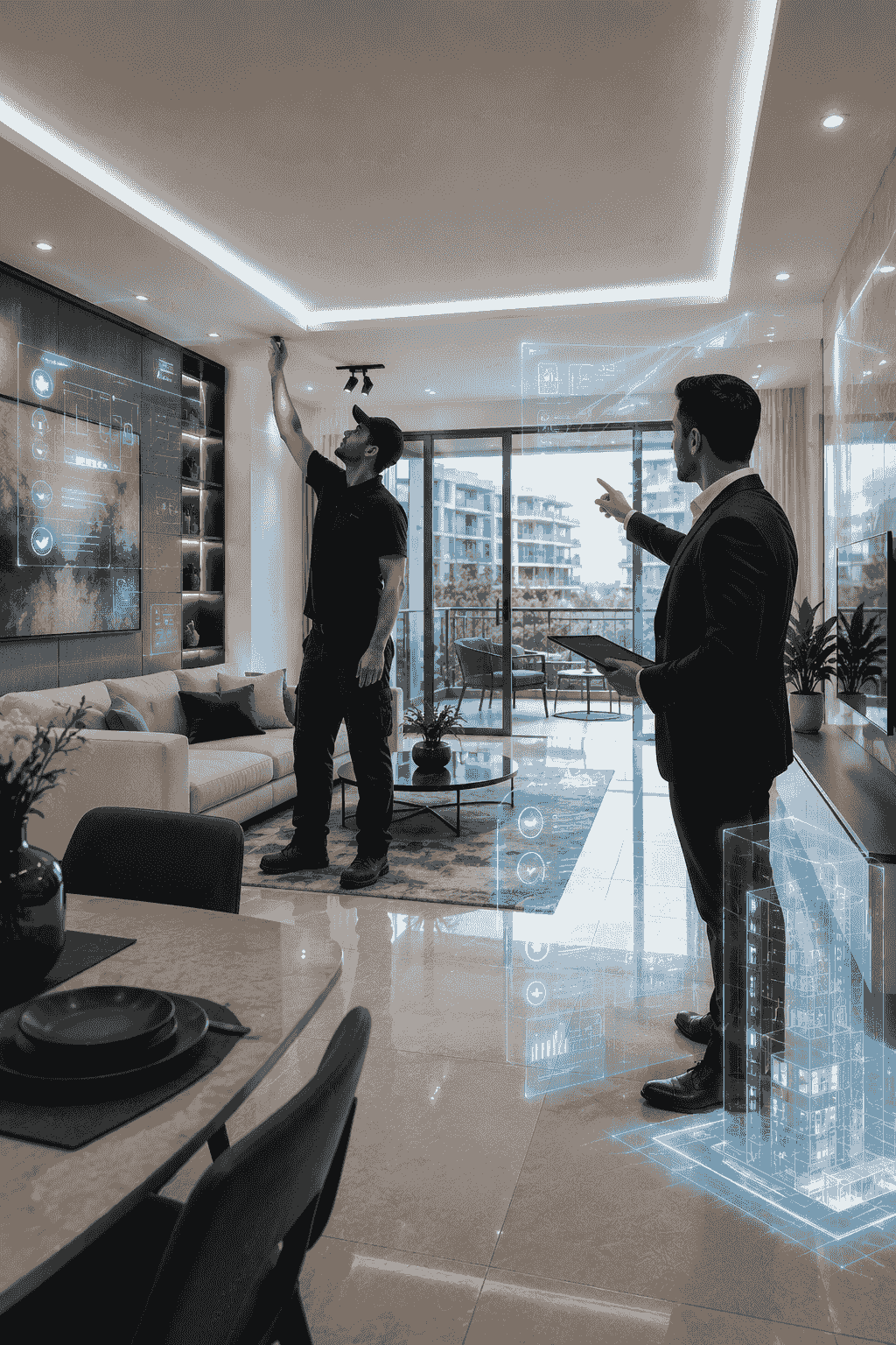 مشهد احترافي طولي داخل وحدة عقارية حديثة يظهر فنيًا يستكمل أعمال الجاهزية ومديرًا يراجع حالة الوحدة عبر جهاز لوحي، مع عناصر رقمية توحي بفحص المرافق والتشغيل وتجهيز الأصل للإشغال والتسويق، باستخدام درجات السماوي والأسود والرمادي المستوحاة من هوية الإضافة لإدارة الممتلكات. مشهد احترافي طولي داخل وحدة عقارية حديثة يظهر فنيًا يستكمل أعمال الجاهزية ومديرًا يراجع حالة الوحدة عبر جهاز لوحي، مع عناصر رقمية توحي بفحص المرافق والتشغيل وتجهيز الأصل للإشغال والتسويق، باستخدام درجات السماوي والأسود والرمادي المستوحاة من هوية الإضافة لإدارة الممتلكات.