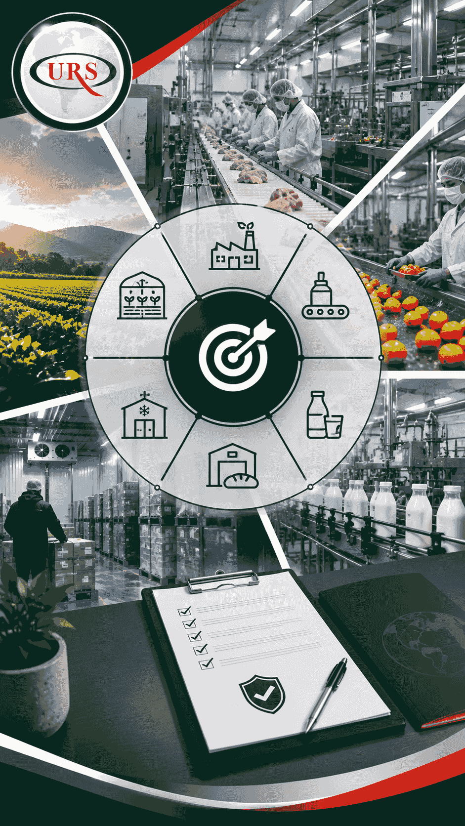 A professional scene reflecting the flexibility of implementing ISO 22000 across different parts of the food chain, with visual elements suggesting food production and packaging lines, cold chains, warehouses, central kitchens, and food safety risk management according to the nature of each activity. A professional scene reflecting the flexibility of implementing ISO 22000 across different parts of the food chain, with visual elements suggesting food production and packaging lines, cold chains, warehouses, central kitchens, and food safety risk management according to the nature of each activity.