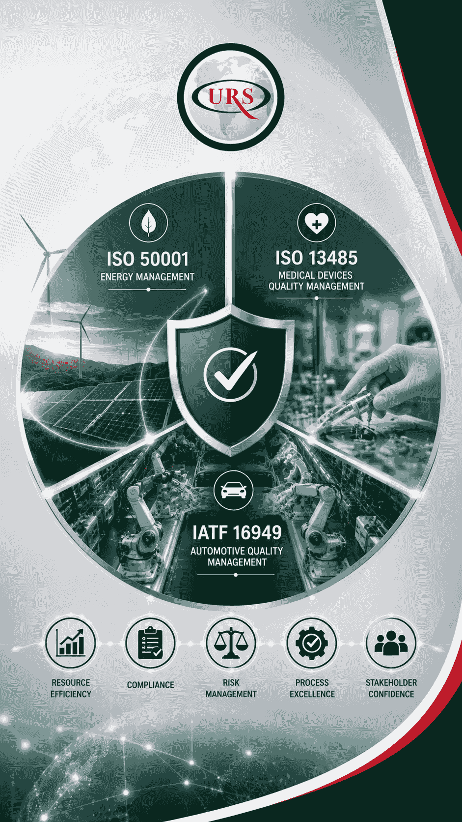 مشهد مهني يعكس المعايير المتخصصة ISO 50001 وISO 13485 في قطاعات الطاقة والرعاية الصحية، مع عناصر بصرية توحي بقياس كفاءة استهلاك الطاقة ومؤشرات الأداء الطاقي من جهة، وحوكمة وتتبع تصميم وتصنيع وتوريد الأجهزة الطبية من جهة أخرى. مشهد مهني يعكس المعايير المتخصصة ISO 50001 وISO 13485 في قطاعات الطاقة والرعاية الصحية، مع عناصر بصرية توحي بقياس كفاءة استهلاك الطاقة ومؤشرات الأداء الطاقي من جهة، وحوكمة وتتبع تصميم وتصنيع وتوريد الأجهزة الطبية من جهة أخرى.