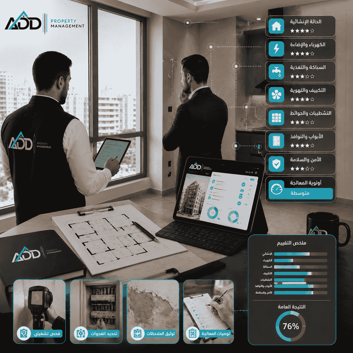 مشهد واقعي احترافي لفريق ADD Property Management أثناء تقييم حالة عقار، يظهر مسؤول إدارة ممتلكات يرتدي زي الشركة مع اللوغو الرسمي ويستخدم جهازًا لوحيًا لمراجعة جاهزية الوحدة، مع مالك أو مستثمر يراجع الملاحظات، ووجود مخططات وتقارير رقمية ذكية توضح فحص حالة العقار وتحديد الفجوات والاحتياجات التشغيلية. مشهد واقعي احترافي لفريق ADD Property Management أثناء تقييم حالة عقار، يظهر مسؤول إدارة ممتلكات يرتدي زي الشركة مع اللوغو الرسمي ويستخدم جهازًا لوحيًا لمراجعة جاهزية الوحدة، مع مالك أو مستثمر يراجع الملاحظات، ووجود مخططات وتقارير رقمية ذكية توضح فحص حالة العقار وتحديد الفجوات والاحتياجات التشغيلية.
