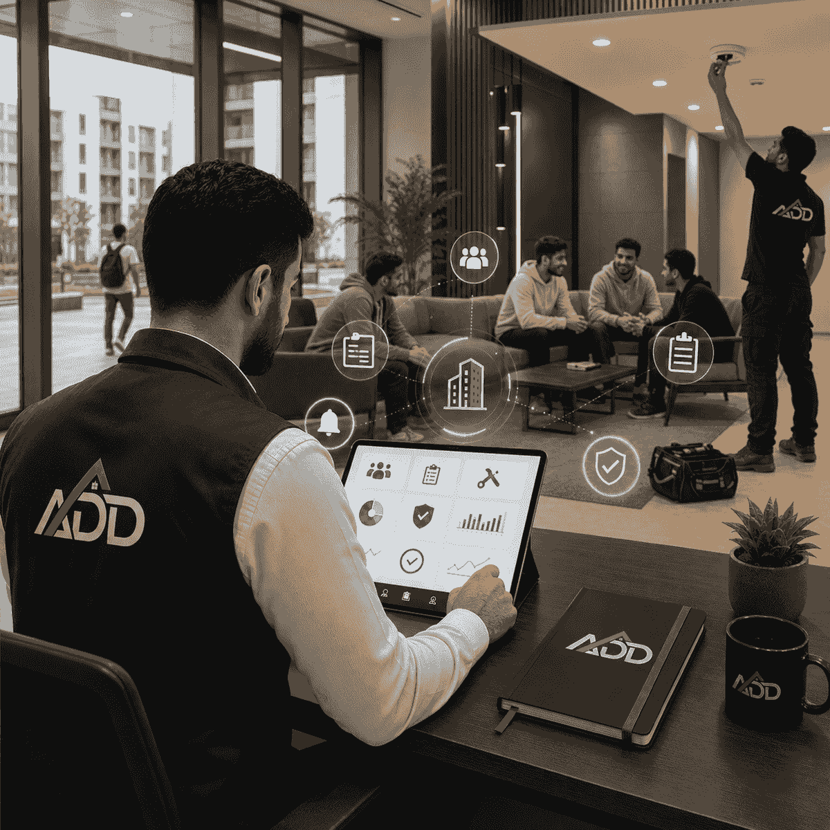 مشهد واقعي احترافي لإدارة سكن طلابي، يظهر موظف من ADD Property Management يتابع شؤون الإقامة باستخدام جهاز لوحي، مع مبنى سكني طلابي وخدمات الصيانة والمتابعة وطلبات المقيمين ضمن بيئة تشغيل ذكية تعكس إدارة يومية منظمة للمرافق السكنية. مشهد واقعي احترافي لإدارة سكن طلابي، يظهر موظف من ADD Property Management يتابع شؤون الإقامة باستخدام جهاز لوحي، مع مبنى سكني طلابي وخدمات الصيانة والمتابعة وطلبات المقيمين ضمن بيئة تشغيل ذكية تعكس إدارة يومية منظمة للمرافق السكنية.