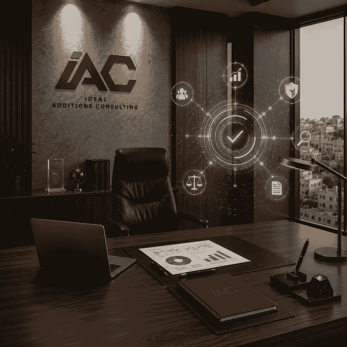 مكتب استشاري يحمل هوية IAC ويعبّر عن النزاهة والاستقلالية ووضوح القرار المهني. مكتب استشاري يحمل هوية IAC ويعبّر عن النزاهة والاستقلالية ووضوح القرار المهني.