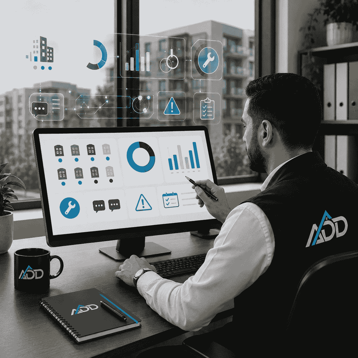 مشهد واقعي احترافي لموظف من ADD Property Management يراجع تقريرًا دوريًا لإدارة الممتلكات أمام شاشة كمبيوتر، مع واجهات رقمية ذكية تعرض مؤشرات التشغيل مثل حالة الوحدات، الصيانة، طلبات المستأجرين، والمتابعة، باستخدام هوية الشركة وألوانها المؤسسية، بما يعكس التقارير كأداة قرار للمالك. مشهد واقعي احترافي لموظف من ADD Property Management يراجع تقريرًا دوريًا لإدارة الممتلكات أمام شاشة كمبيوتر، مع واجهات رقمية ذكية تعرض مؤشرات التشغيل مثل حالة الوحدات، الصيانة، طلبات المستأجرين، والمتابعة، باستخدام هوية الشركة وألوانها المؤسسية، بما يعكس التقارير كأداة قرار للمالك.