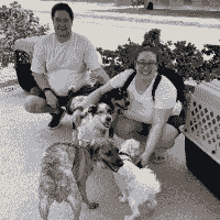 Flight parents at the airport posing with the four dogs they were bringing to Canada. Flight parents at the airport posing with the four dogs they were bringing to Canada.