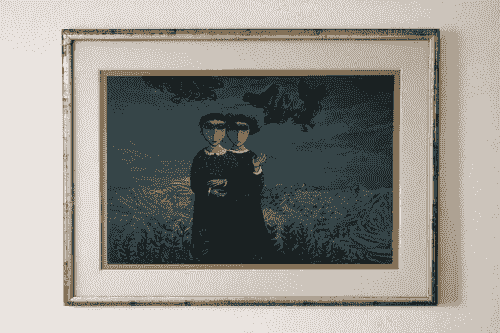 ציור של שתי דמויות עומדות בנוף הררי, עם ציפורים בשמיים ברקע כחול ציור של שתי דמויות עומדות בנוף הררי, עם ציפורים בשמיים ברקע כחול