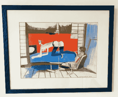 ציור של סצנה פנימית עם דמות יושבת מול דמות נוספת, בצבעים אדום, כחול וצהוב ציור של סצנה פנימית עם דמות יושבת מול דמות נוספת, בצבעים אדום, כחול וצהוב