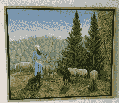 ציור של רועה צאן עומד בנוף ירוק עם עדר כבשים ועצים גבוהים ציור של רועה צאן עומד בנוף ירוק עם עדר כבשים ועצים גבוהים