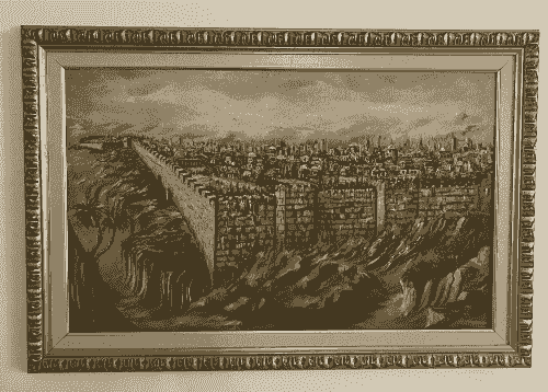 ציור של חומת ירושלים והעיר העתיקה עם מבנים צפופים ונוף הררי ברקע ציור של חומת ירושלים והעיר העתיקה עם מבנים צפופים ונוף הררי ברקע