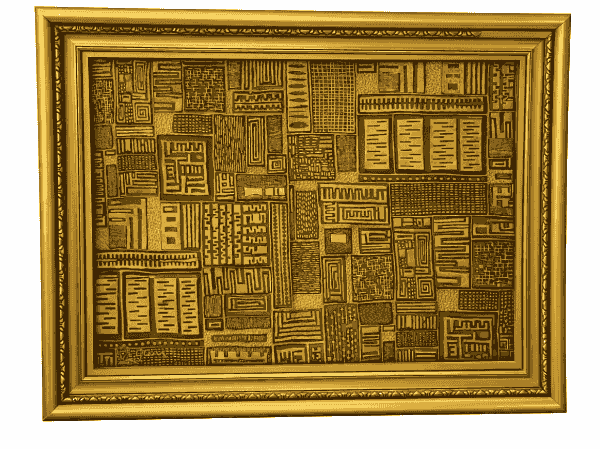 ציור מופשט בגווני זהב ושחור עם דפוסים גיאומטריים מלבניים ציור מופשט בגווני זהב ושחור עם דפוסים גיאומטריים מלבניים