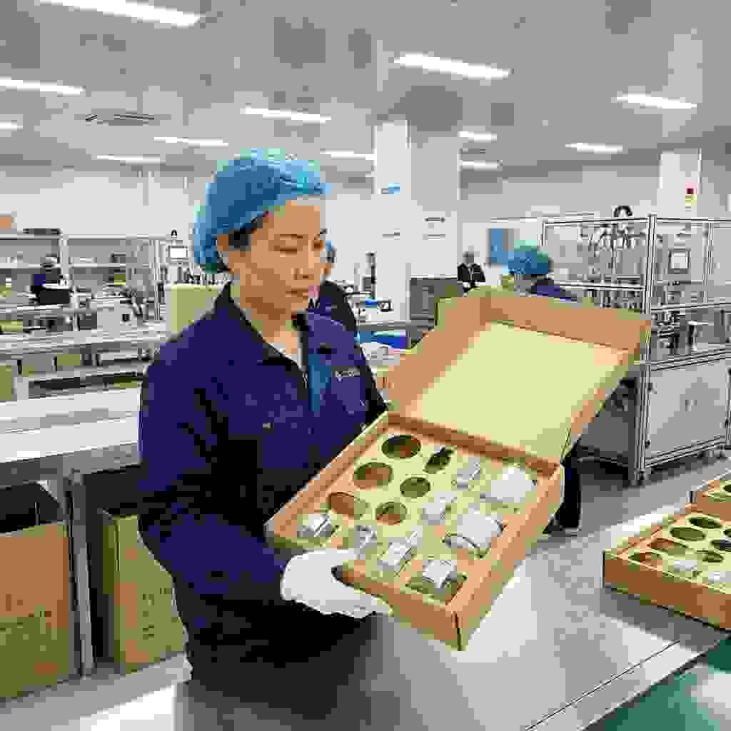 Chinese worker assembling paperboard insert for perfume and diffuser gift sets Chinese worker assembling paperboard insert for perfume and diffuser gift sets