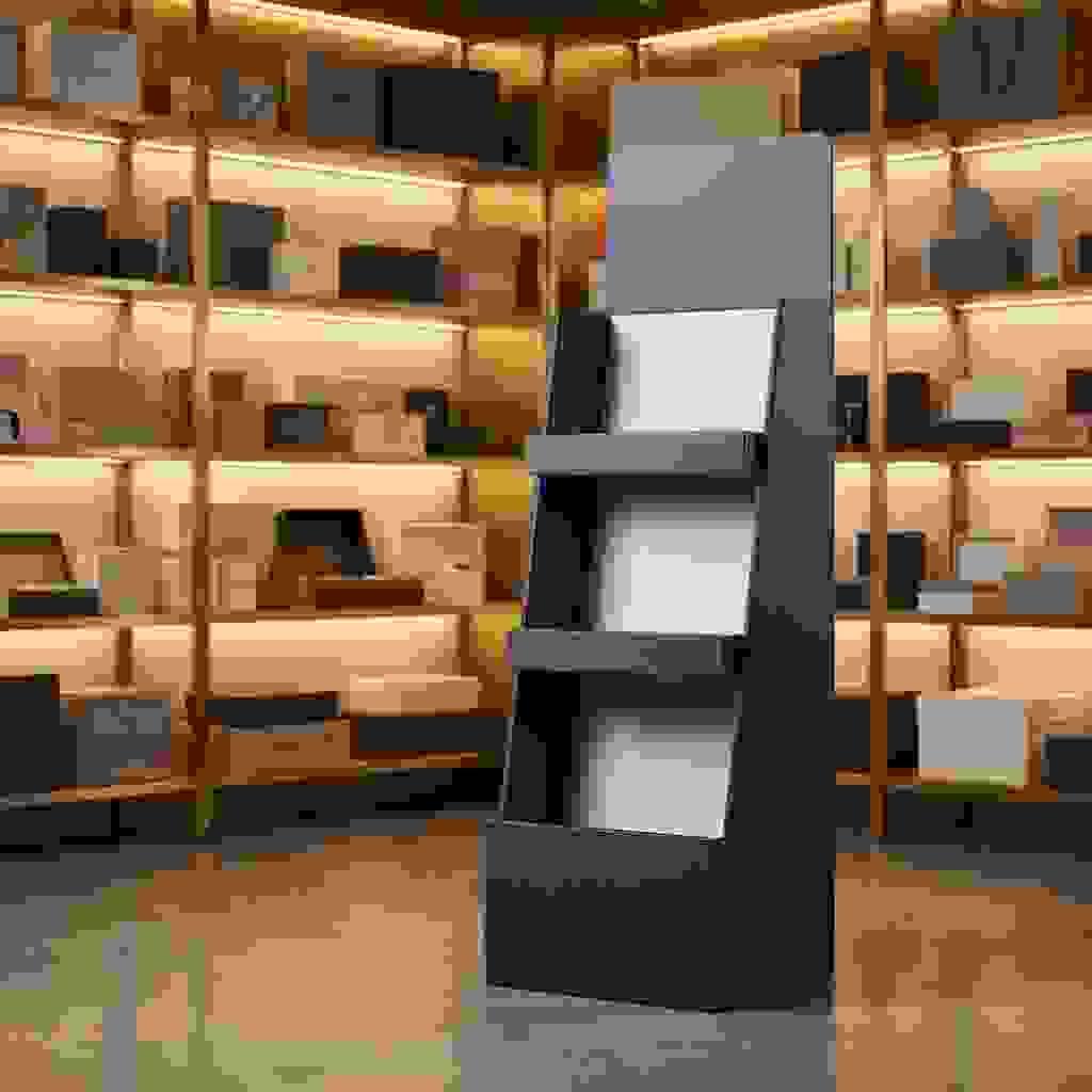 floor display stand packaging in luxury showroom with softly blurred shelves floor display stand packaging in luxury showroom with softly blurred shelves