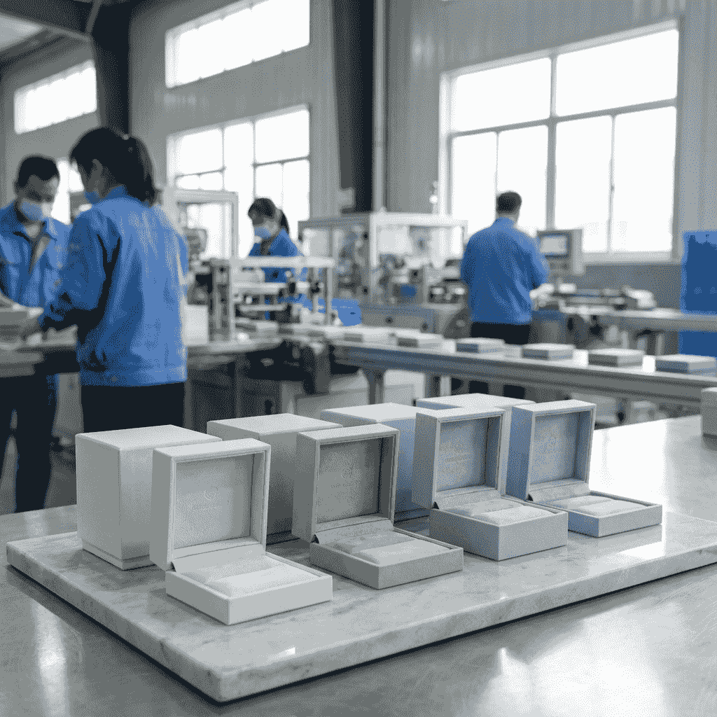 Premium jewelry boxes displayed in a modern Chinese factory, designed for retail and e-commerce brands. Premium jewelry boxes displayed in a modern Chinese factory, designed for retail and e-commerce brands.