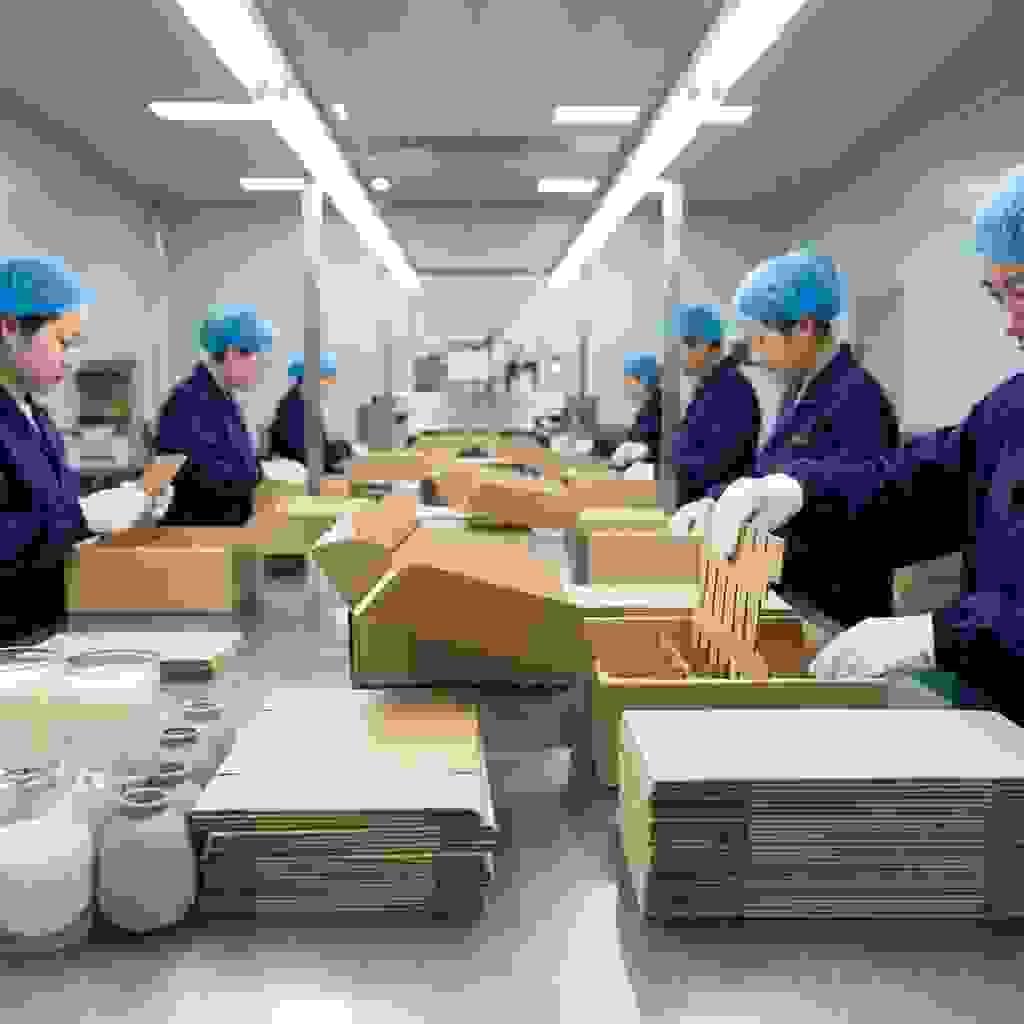 Chinese factory workers assembling die-cut paperboard inserts for home décor and lifestyle packaging boxes. Chinese factory workers assembling die-cut paperboard inserts for home décor and lifestyle packaging boxes.