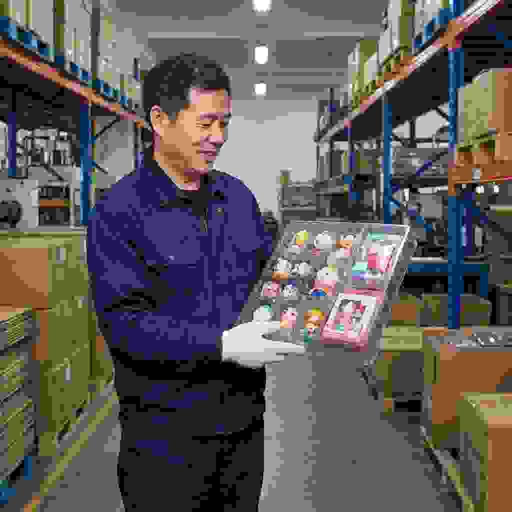 Chinese factory worker presenting a transparent plastic insert designed for toy and gift item visibility. Chinese factory worker presenting a transparent plastic insert designed for toy and gift item visibility.