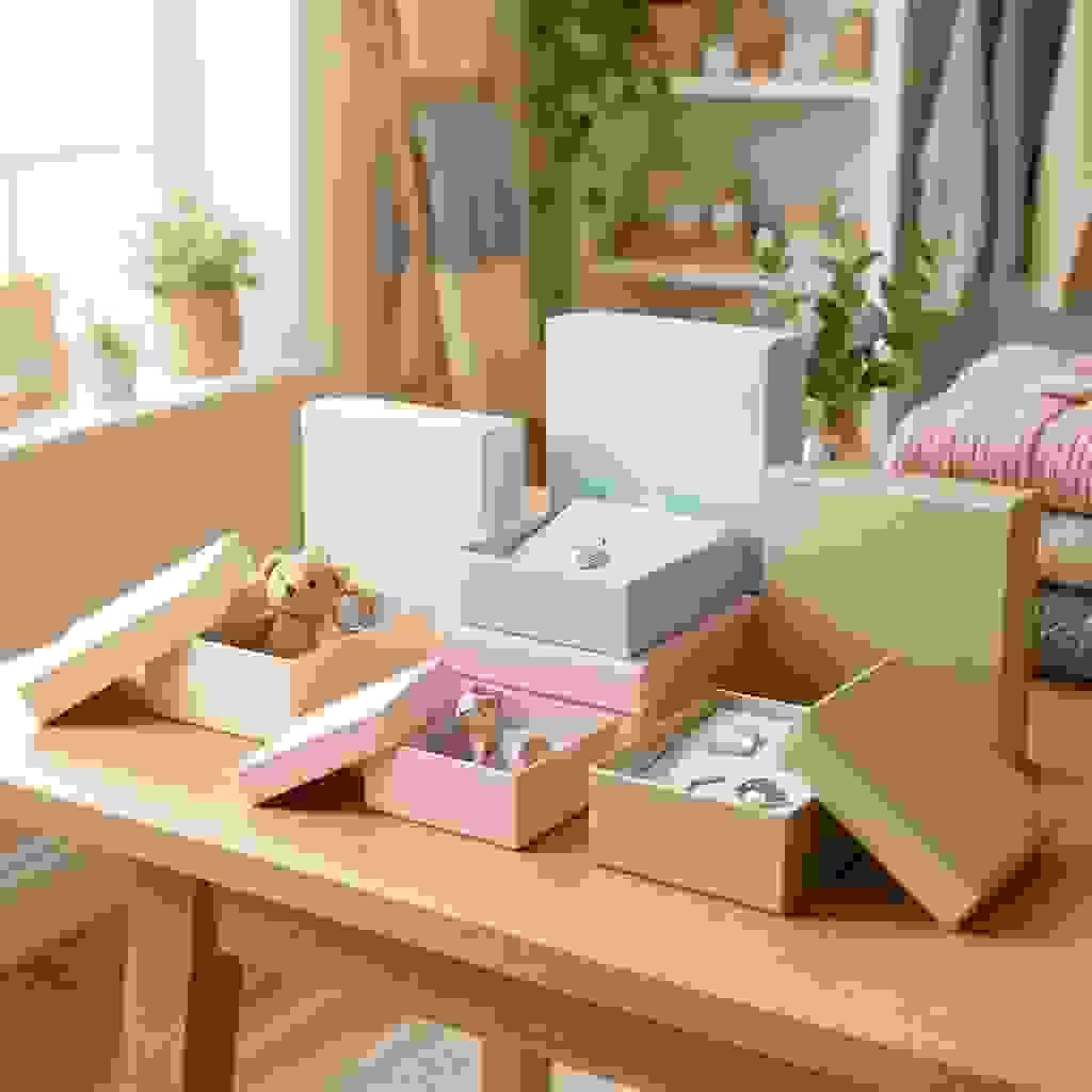 Premium toy and gift packaging boxes with elegant finishes displayed on a warm boutique-style tabletop. Premium toy and gift packaging boxes with elegant finishes displayed on a warm boutique-style tabletop.