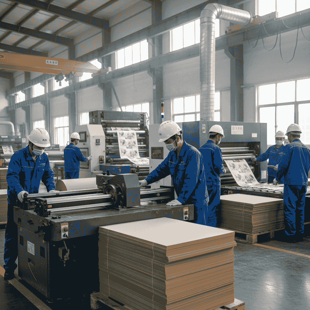 Chinese workers operating precision packaging equipment demonstrating skilled craftsmanship at QX Packs Chinese workers operating precision packaging equipment demonstrating skilled craftsmanship at QX Packs