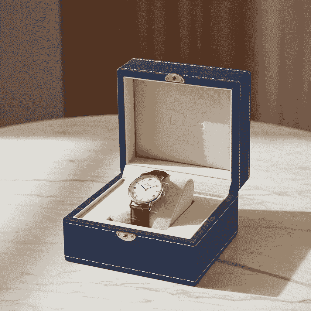 Luxury custom watch box with unbranded wristwatch on velvet pillow Luxury custom watch box with unbranded wristwatch on velvet pillow