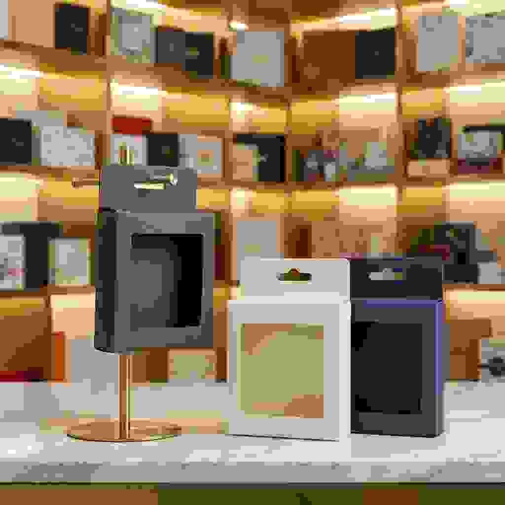 hanging display boxes with peg hook in showroom setting with softly blurred shelves hanging display boxes with peg hook in showroom setting with softly blurred shelves