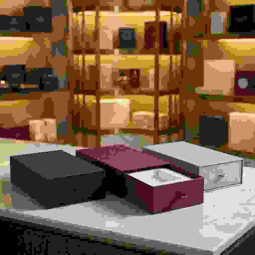 Three classic drawer style boxes on a marble counter, with one slide-out tray partially opened to show a white insert Three classic drawer style boxes on a marble counter, with one slide-out tray partially opened to show a white insert