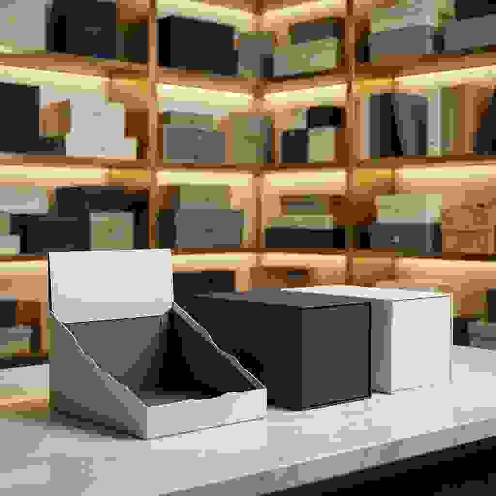 PDQ display box mockup on marble counter with softly blurred luxury showroom shelves PDQ display box mockup on marble counter with softly blurred luxury showroom shelves