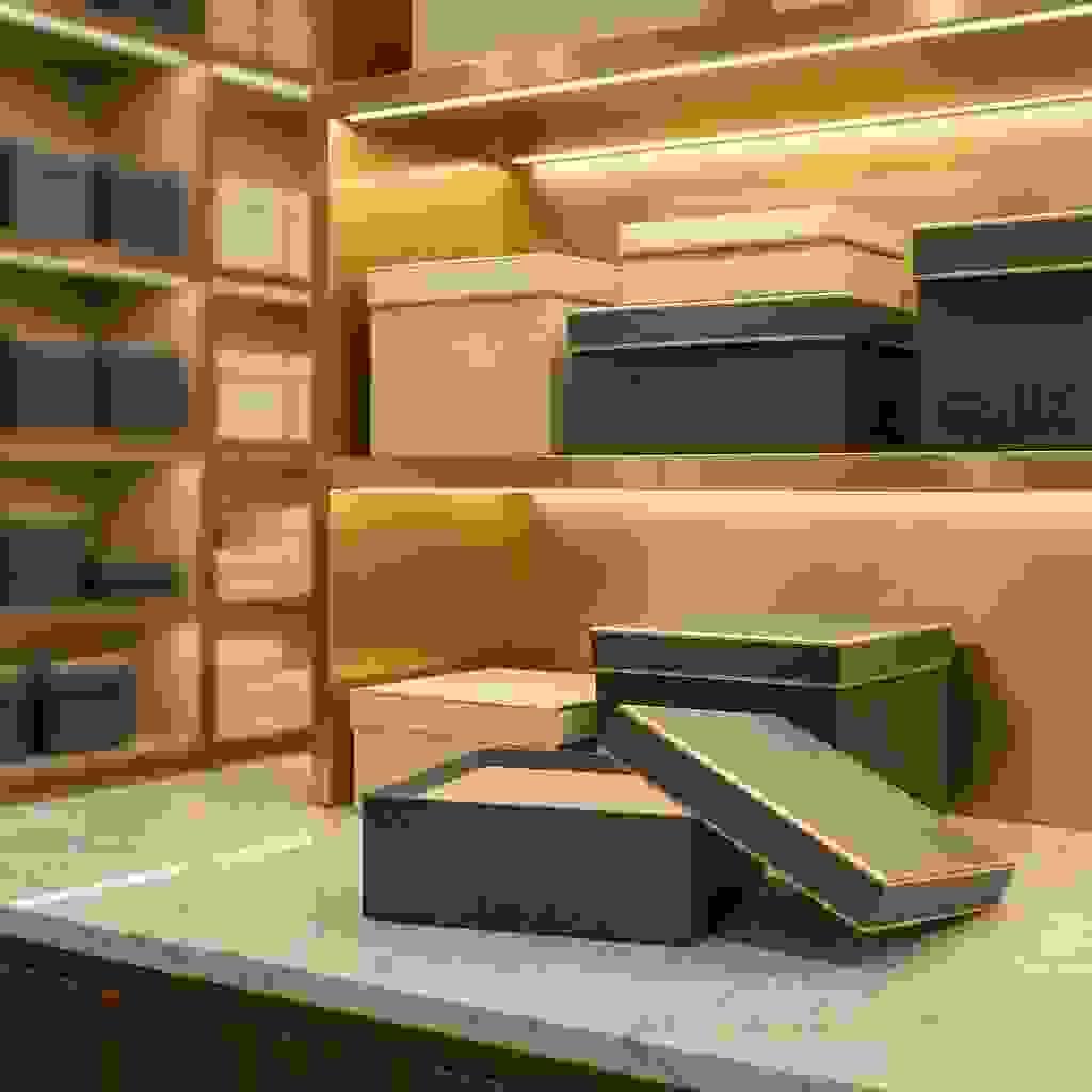 Classic two-piece lid and base handmade rigid boxes in luxury packaging showroom. Classic two-piece lid and base handmade rigid boxes in luxury packaging showroom.