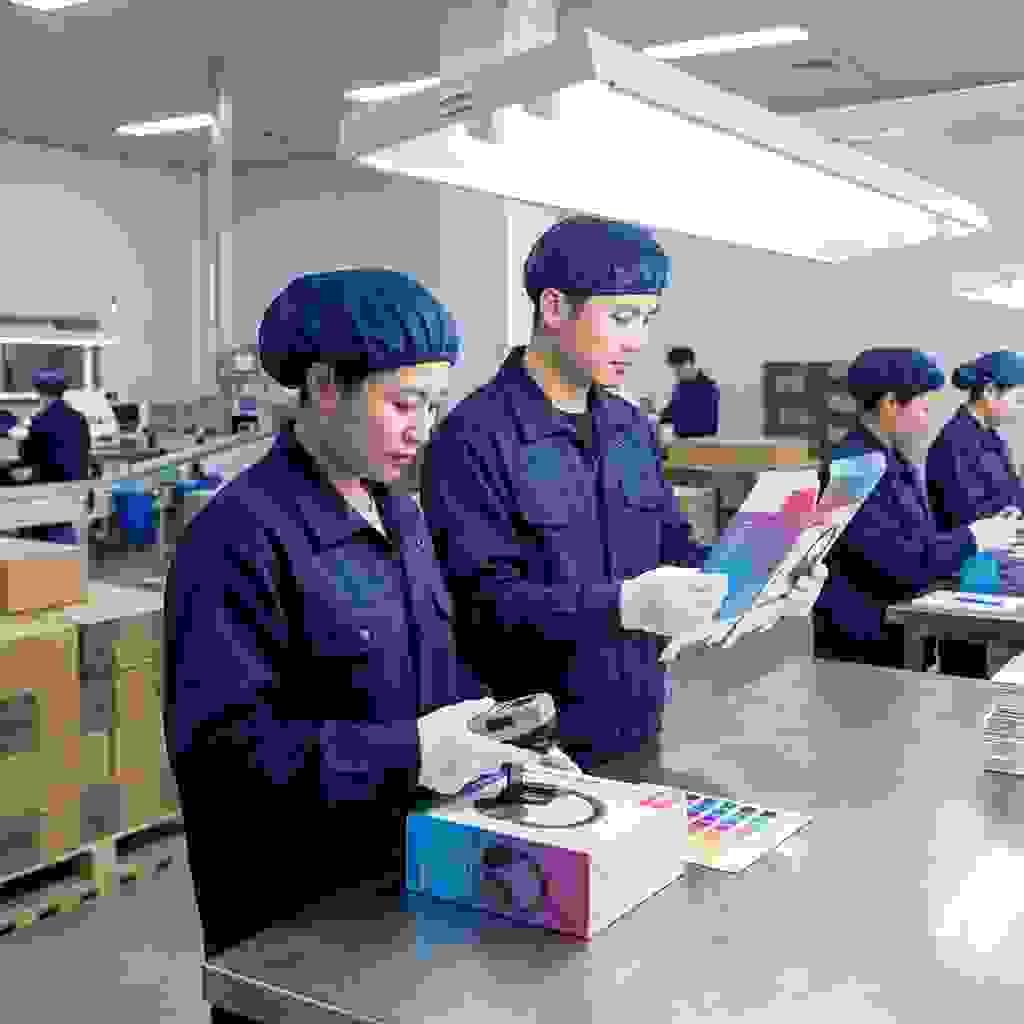 Quality control inspection by Chinese factory workers to ensure consistent color and alignment on electronics packaging boxes. Quality control inspection by Chinese factory workers to ensure consistent color and alignment on electronics packaging boxes.