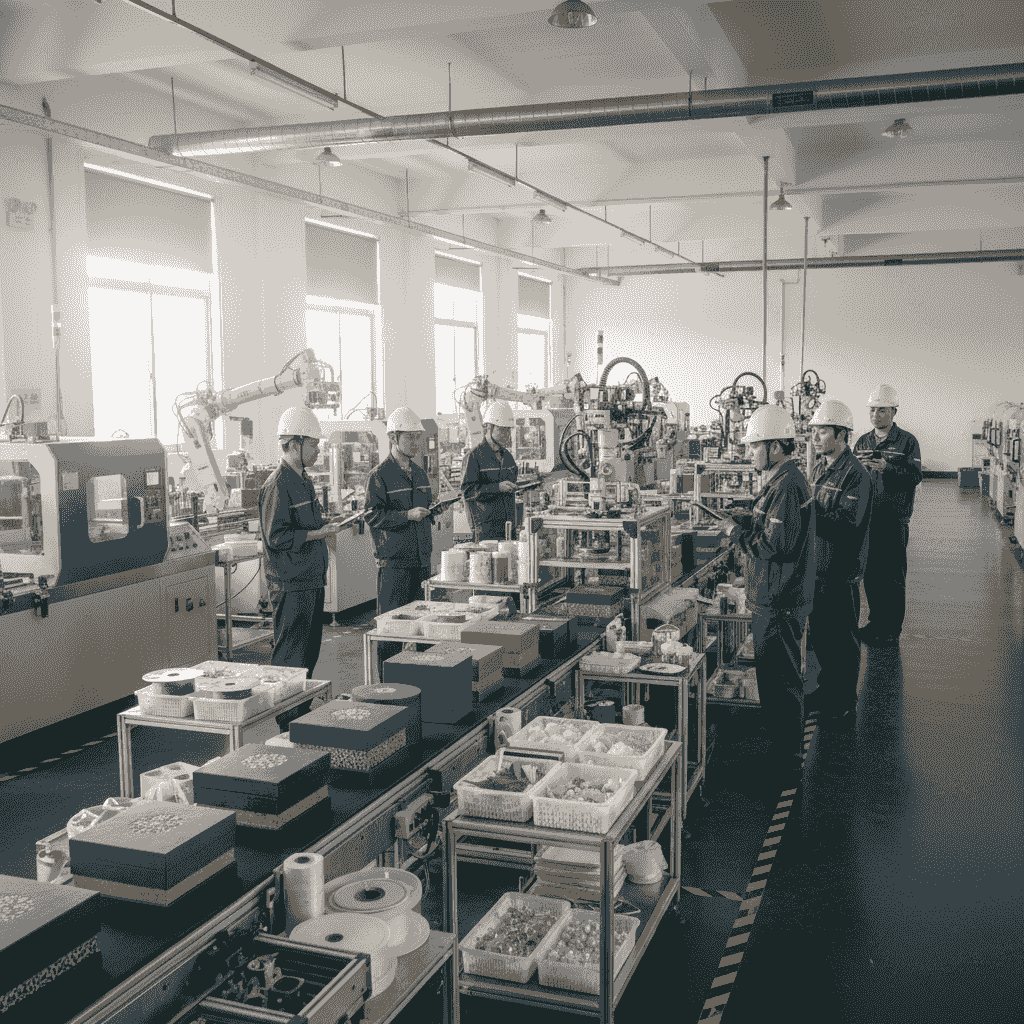 QX Packs workers reviewing packaging prototypes and dielines inside the factory QX Packs workers reviewing packaging prototypes and dielines inside the factory