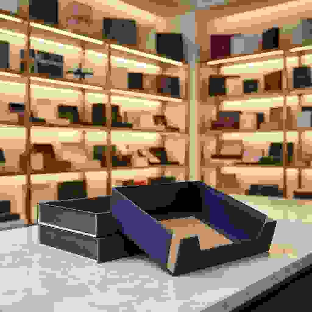 shelf-ready display trays on marble counter with warm showroom shelves in soft focus shelf-ready display trays on marble counter with warm showroom shelves in soft focus