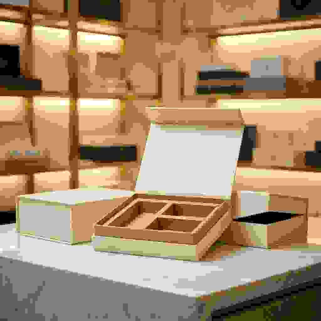 Rigid box with a folded paperboard tray insert and dividers for organized packaging. Rigid box with a folded paperboard tray insert and dividers for organized packaging.