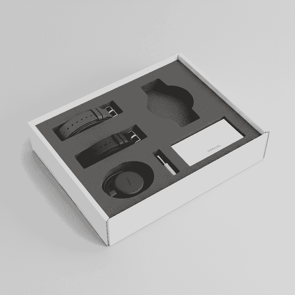Fitted EVA foam insert for watch box with strap charger and accessory compartments Fitted EVA foam insert for watch box with strap charger and accessory compartments
