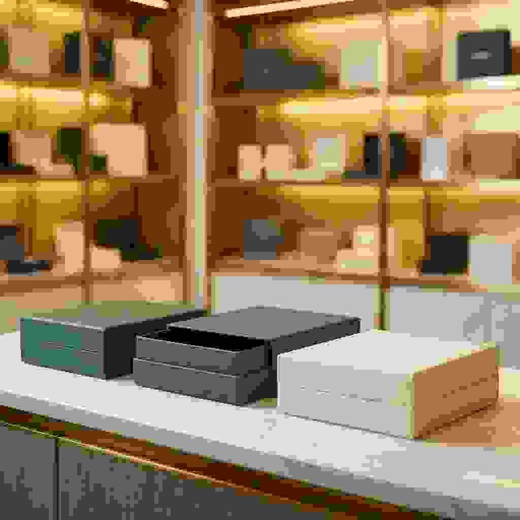 Partial-cover lid boxes with shallow lids for a modern minimal look, one slightly opened to show the structure. Partial-cover lid boxes with shallow lids for a modern minimal look, one slightly opened to show the structure.