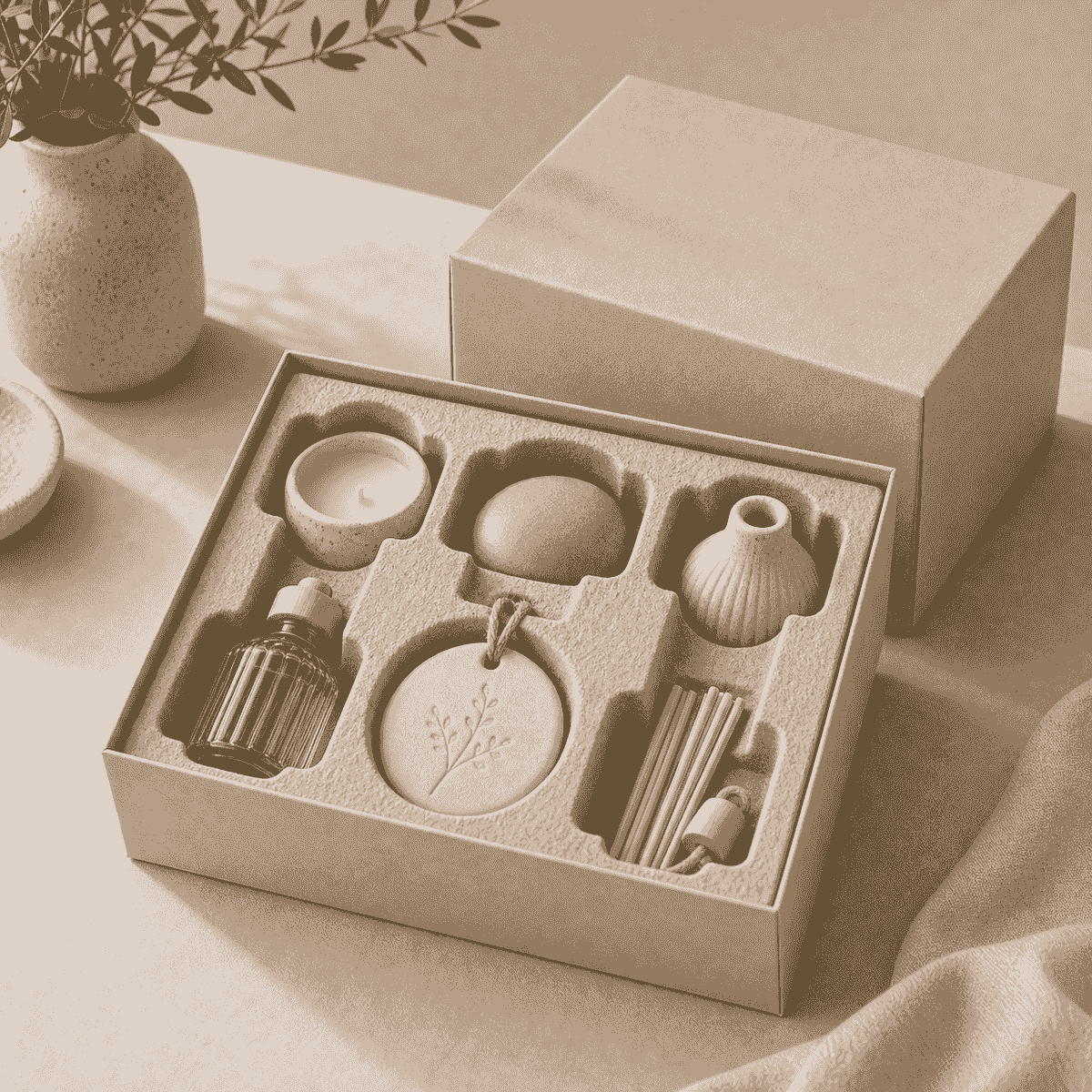 Molded pulp insert tray for ceramic candles diffusers and sustainable home decor packaging Molded pulp insert tray for ceramic candles diffusers and sustainable home decor packaging