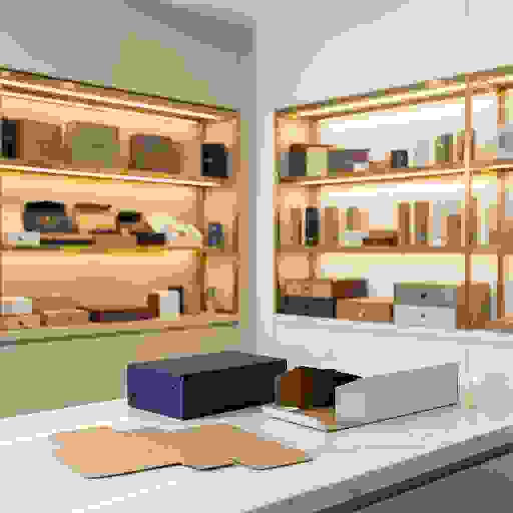 Straight tuck end folding carton on a marble counter in a premium showroom, crisp edges and soft background blur. Straight tuck end folding carton on a marble counter in a premium showroom, crisp edges and soft background blur.